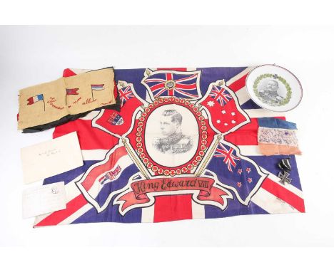 A small collection of WW I ephemera, comprising a French embroidery of allies flags, a small 'Vive La France' flag, with ink 