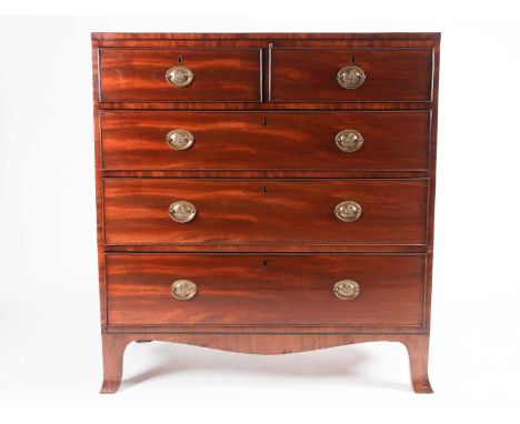 An early 19th century ebony strung and figured mahogany " caddy-top" chest of Two short over Three long drawers Raised on spl