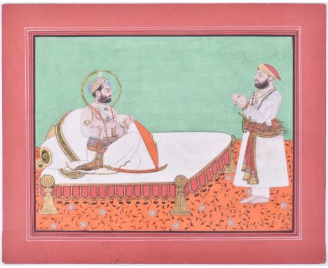 Indian School, 19th/20th century, Shah with nobleman, gouache with gilding, 22.5 x 28cmCondition report: Gilding scuffed off 