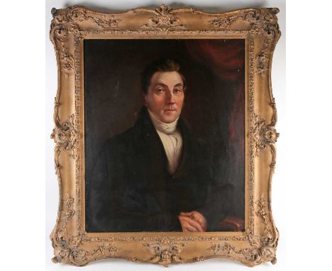 19th century school, a half-length portrait of a seated gentleman, unsigned oil on canvas, 79 cm x 66 cm in a giltwood frame.