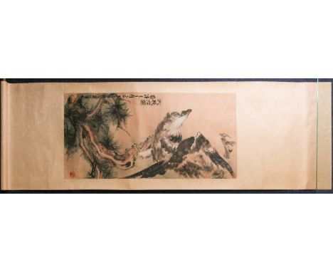 A Chinese scroll, wall hanging, painted with a white-headed sea eagle scrutinizing something that is out of our view, from it