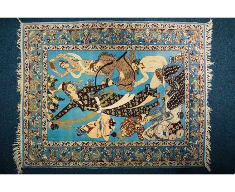 A 20th-century Isphahan rug with figures probably depicting "Layla and Majnun" on a typical light blue ground. Within phoenix