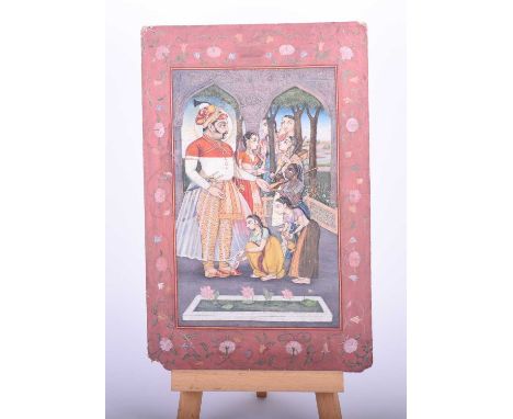 Indian school, 19th century, full length portrait possibly the Emperor Muhammad Shah, with attendants before a lily pond, the