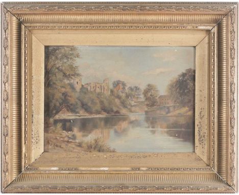 K Ames (early 20th century), a river landscape with buildings to the background, oil on panel, 24.5 cm x 34 cm in a gilt fram