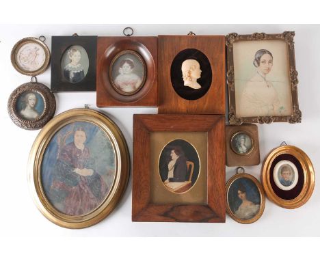 A collection of assorted framed miniature portraits, early 19th century and later, largely watercolours the largest 17.5 cm x