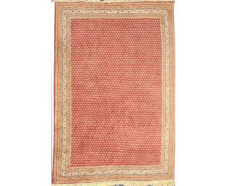 A 20th century Senneh carpet with an overall Boteh scheme on a red ground. Within typical"fish-bone" borders and fringed both