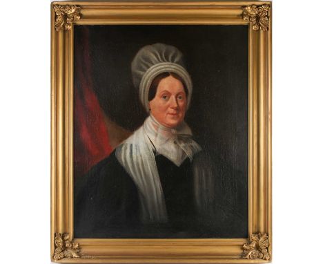 19th century school, a portrait of a lady in a lace collar and bonnet, unsigned oil on canvas, a label verso naming the sitte