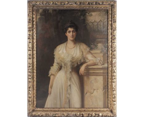 Beatrice Bright (1861-1940), a large three-quarter length portrait of an aristocratic Edwardian lady, oil on canvas, signed v