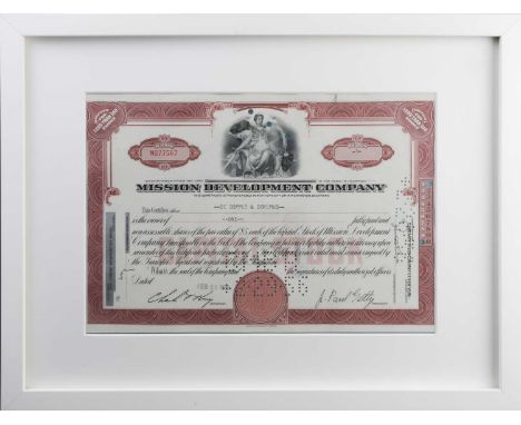 A collection of assorted framed currency and share certificates, comprising a 1910 1000 Mark Reichsbanknote, a Tobacco Produc