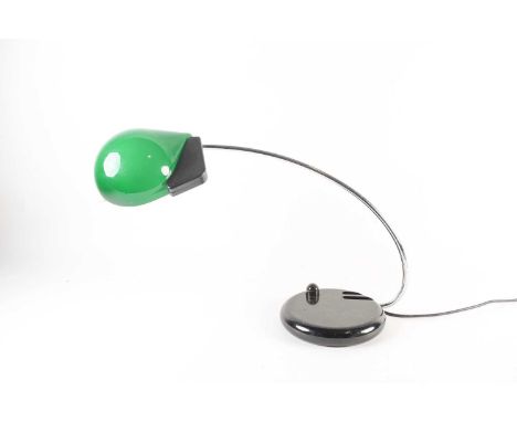 A modern Italian desk lamp, with curved chrome arm supporting a green opaline glass shade, 40 cm x 66 cm wide.