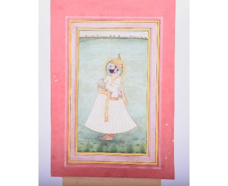 Indian School, 19th century,full length profile portrait of a Shah before an extensive landscape, watercolour and gouache on 