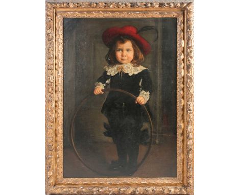 19th century Continental school, a large, full-length portrait of a child with a hoop, oil on canvas, unsigned, 96 cm x 68 cm