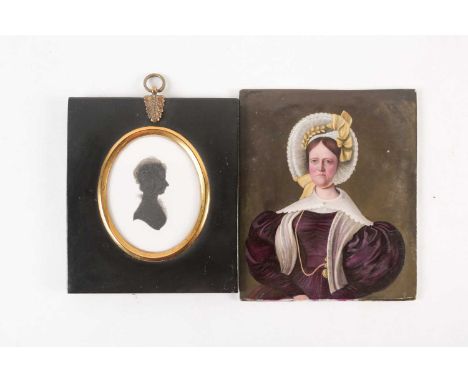 A late 19th century hand-painted portrait on porcelain, depicting a stern-faced lady in wide-shouldered dress, the text verso