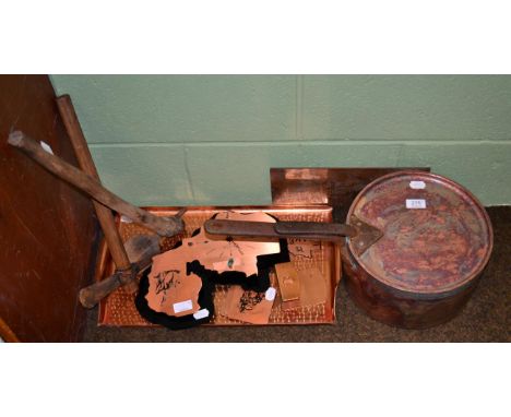 Two African agricultural tools, Zambia; together with a Zambian copper tray; wall clock and coasters; large copper pan and co