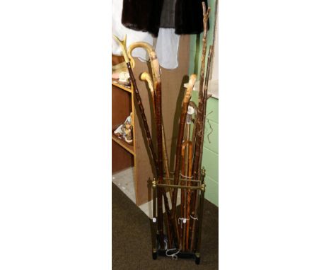 Thirteen various walking sticks and thumb sticks; a brass stick stand  