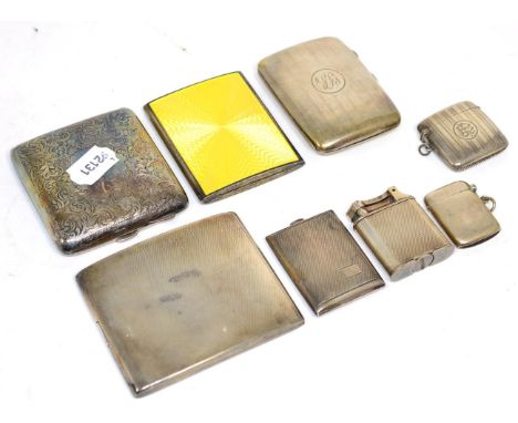 A Continental silver and yellow guilloche enamel cigarette case with seven related items (8)