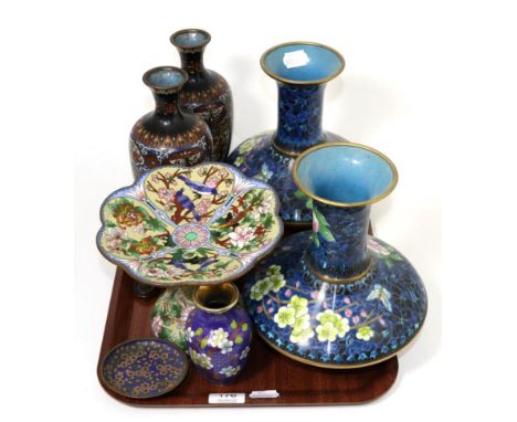 A quantity of 20th century cloisonne enamel items including three pairs of vases, a pedestal bowl, small pin tray and a small