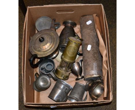 A four piece Walker & Hall silver plated tea service, pewter mugs, miner's lamp etc