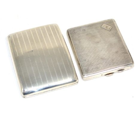 A curved engine turned cigarette case, Walker & Hall; and another engine turned example, the first 11.5cm long, 10.5ozt 