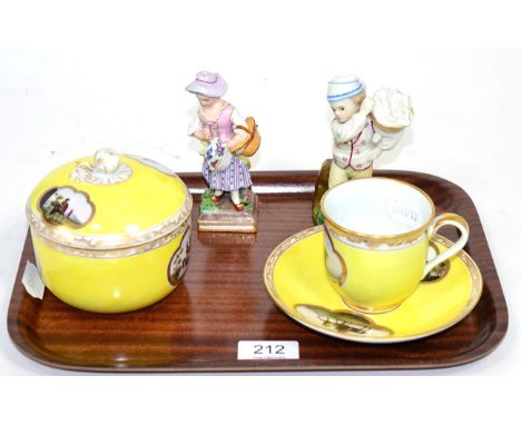 Yellow ground porcelain covered sugar basin, similar covered cup and saucer, late Hoechst figure and a figure of a girl on sq