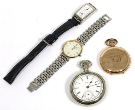 A gents Tissot wristwatch, Elgin pocket watch, gold plated pocket watch and another gents wristwatch