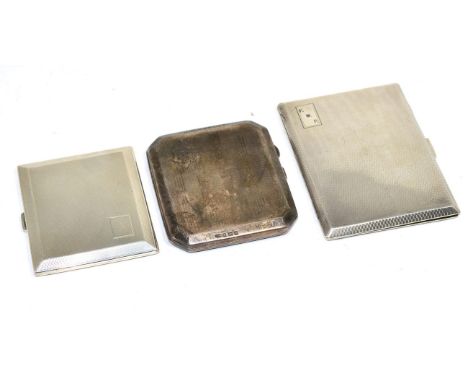 Three various engine turned cigarette cases, two English examples, and one example stamped 'Sterling Silver' the largest 11cm
