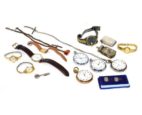 A Continental silver pocket watch, silver Albert, gilt metal double Albert, three plated pocket watches, wristwatches includi