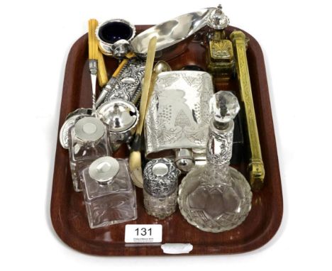 A quantity of silver and plated items including a small silver sauce boat, a silver box, cigarette case, two silver mounted g