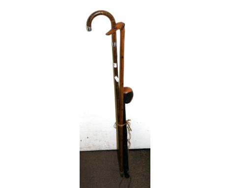 An Edwardian fruitwood walking stick with greyhound head carved handle; a Shillelegh; a bamboo walking stick with silver moun