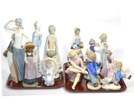 Two trays of Spanish porcelain figures including Nao, Nadal etc