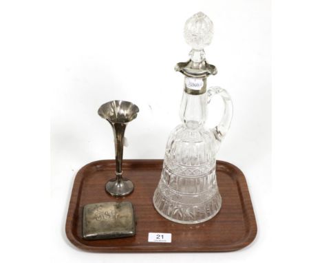 Silver mounted claret jug, spill vase and cigarette case