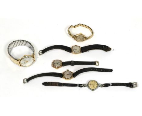 A gents 9 carat gold wristwatch signed Eterna, four lady's 9 carat gold wristwatches and a lady's chrome wristwatch (6) 