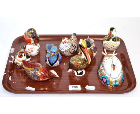 Nine Royal Crown Derby Imari paperweights including Pelican, Mallard, Farmyard Hen, Blue Jay, Kingfisher, Goldfinch nesting, 