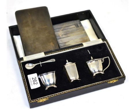 Case silver condiment (lacking spoon); silver cigarette case; and another 