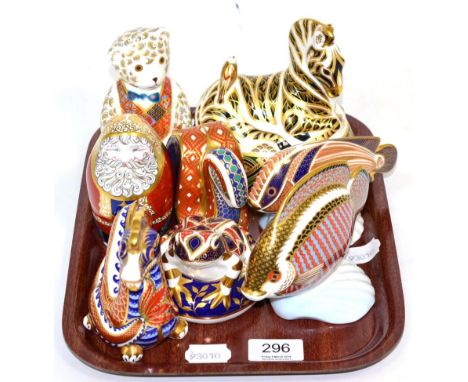 Eight Royal Crown Derby Imari paperweights including Zebra, Teddybear, two Fish, Frog, Dragon, Santa and Snake (all seconds e