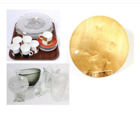 Modern design glassware, comprising Whitefriars 9659 bowl and clear glass duck, Baccarat plate, Lalique dish, Vannes Art vase