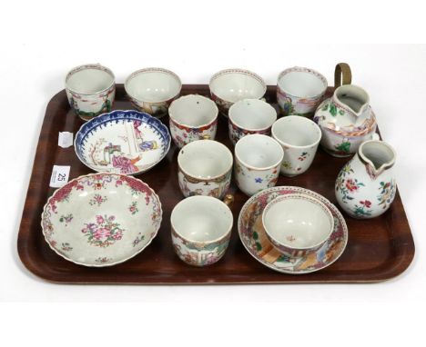 A group of Chinese 18th century tea bowls, saucers, cups and a jug (some a.f.)
