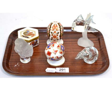 A Lalique owl (a.f.), Royal Crown Derby Imari eggs and trinket box etc together with a box of miscellaneous ceramics and glas