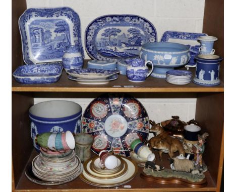 A quantity of mixed ceramics including Copeland Spode Italian blue and white, a meat plate, dishes, a large Wedgwood Jasperwa