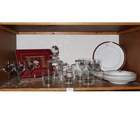 Military interest, a service of dinner and glassware, with Prince of Wales feathers for the Royal Hussars, six place settings