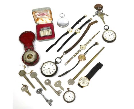 A cased pocket barometer; two silver pocket watches; a silver fob watch; a gent's Chateau wristwatch and two lady's examples 