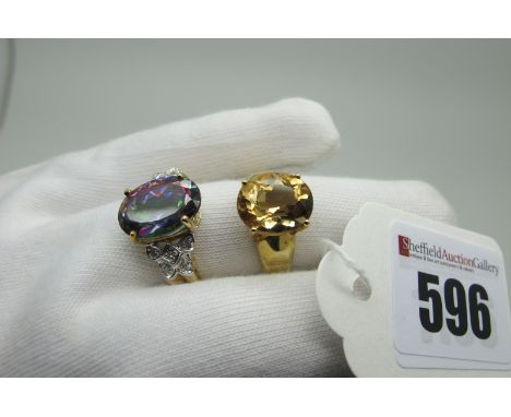 A Large Modern Single Stone Dress Ring, oval four claw set high between inset shoulders, (finger size R) (4grams); together w