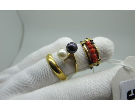 A Plain Wedding Band, (indistinctly stamped / finger size N1/2 / 5.2grams); together with a two row ring with central bead de