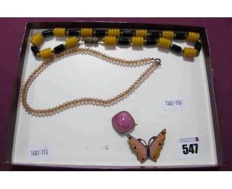A Small Collection of Vintage Style Costume Bead Necklaces (2), an enamel butterfly brooch and a rectangular cabochon set bro