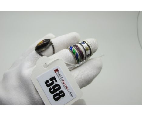 David Andersen; An Enamel Band Ring, part highlighted in blue and green enamel, stamped "David-Andersen Norway Sterling 925S"