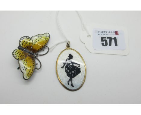 Hroar Prydz; A Norwegian Enamel Butterfly Brooch, highlighted in yellow, orange and brown, stamped "Sterling 925S Norway" (4.