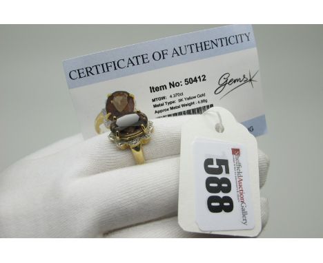 A Modern 9ct Gold Single Stone Dress Ring, oval four claw set to the centre, with Gems TV Certificate of Authenticity stating