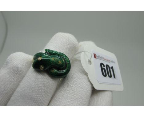 Ben Rosenfeld; An 18ct Gold Antique Style Green Enamel Serpent Ring, (London 1970) with inset eyes on textured shank (enamel 