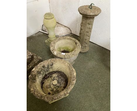 Similar pair of reconsituted urns, and a modern sun dial, and another column 