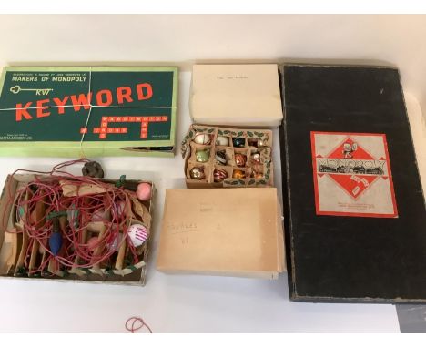 Vintage Monopoly, Keyword, and old 1930s and later Christmas baubles, all as found 